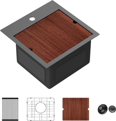 Miniatura 31 de Sarlai 15 Fregadero de Barra de 15x15 Pulgadas para Cocina, Fregadero de Barra de Acero Inoxidable de Calibre 16, Estación de Trabajo con Repisa