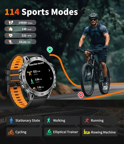 Miniatura 6 de Reloj inteligente militar para hombre, reloj inteligente HD de 1.85 pulgadas, batería grande de 1000 mAh, linterna LED/más de 100 modos deportivos