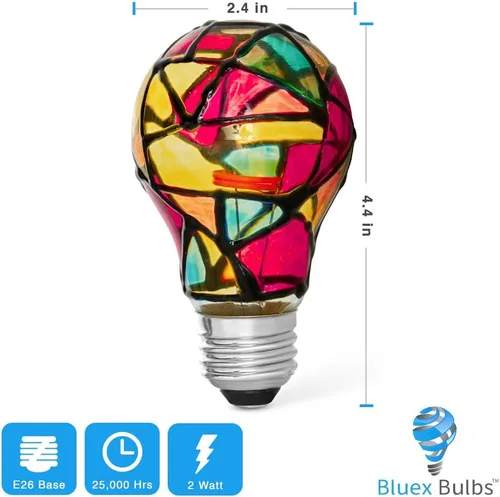 Miniatura 2 de 2 Pack de bombillas LED de vidrio teñido A19 2W (equivalente a 25W) con base E26, luz nocturna pintada, mosaico, bombilla de fiesta de vidrio teñido