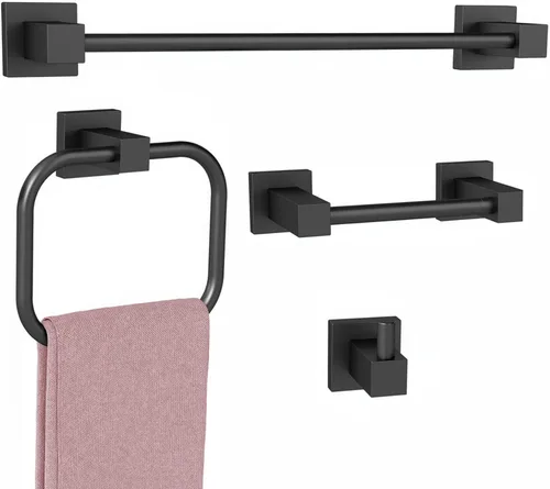 Juego de 4 accesorios de baño negro mate, juego de toallas de baño de 16 pulgadas con soporte para papel higiénico, toalleros de acero inoxidable