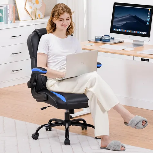 Miniatura 2 de COMHOMA Silla ergonómica para juegos de oficina para adultos, con soporte lumbar, brazos abatibles, altura ajustable, ruedas giratorias de piel Azul