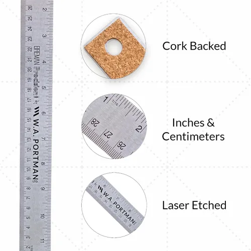 Miniatura 2 de Regla de metal de 12 pulgadas de Breman Precision con respaldo de corcho – Regla de borde recto de acero inoxidable, flexible, antideslizante
