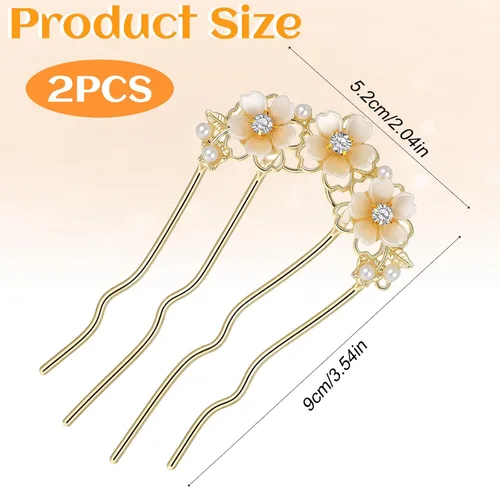 Miniatura 5 de 2 pinzas para el pelo de flores de perlas para mujer, horquilla francesa en forma de U, moño de metal dorado, clips para el pelo de flores
