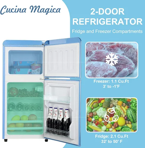 Miniatura 3 de Cucina Magica Mini Refrigerador para Dormitorio, Mini Refrigerador de 3.2 pies cúbicos, Refrigerador retro con puertas dobles ajustables
