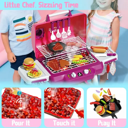 Miniatura 3 de Parrilla de juguete para niños, juego de parrilla de barbacoa con luz y sonido, efecto de humo y 2 ruedas, comida de juguete, accesorios de cocina