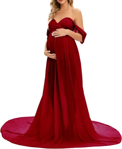 Miniatura 2 de ZIUMUDY Vestido largo de gasa de maternidad para sesión de fotos, fotografía con hombros descubiertos, vestido de gasa transparente envuelto