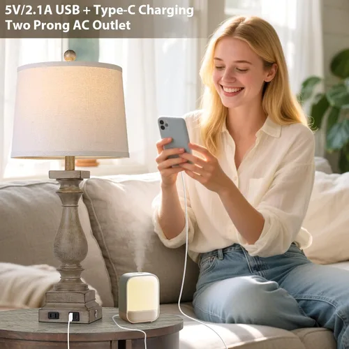 Miniatura 3 de Lámpara de Mesa de Granja de 28 Pulgadas de Alto con Puertos USB C+A y Salida de CA, Control Táctil de 3 Vías, Lámpara de Noche Rústica