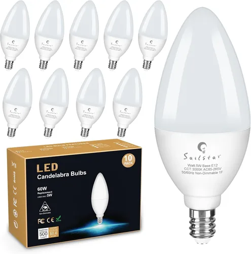 Miniatura 13 de Bombillas LED E12 de Sailstar, equivalentes a 60 W, 500 lúmenes, bombillas de luz para ventilador de techo, blanco suave 2700 K, tipo B, bombilla