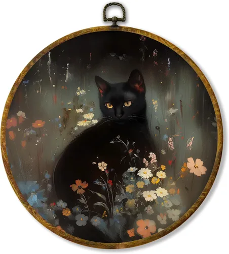 Hiuwevt Arte de Pared Redondo de Gato Negro Floral Vintage Moody, Impresiones en Lienzo Enmarcadas Florales Dark Cottagecore, Decoración Colgante de