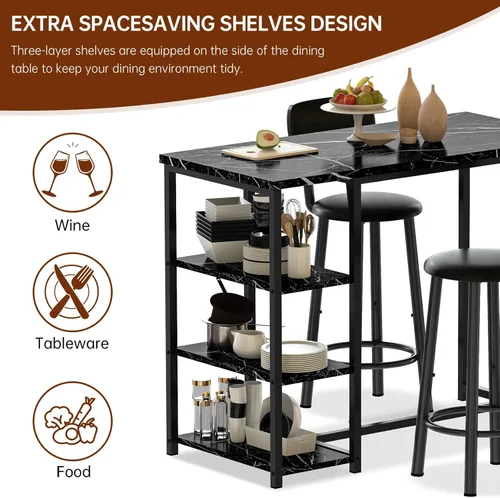 Miniatura 8 de Juego de mesa de comedor de cocina para 2, mesa de bar y sillas con 3 estantes de almacenamiento, comedor alto con 2 taburetes de respaldo de piel