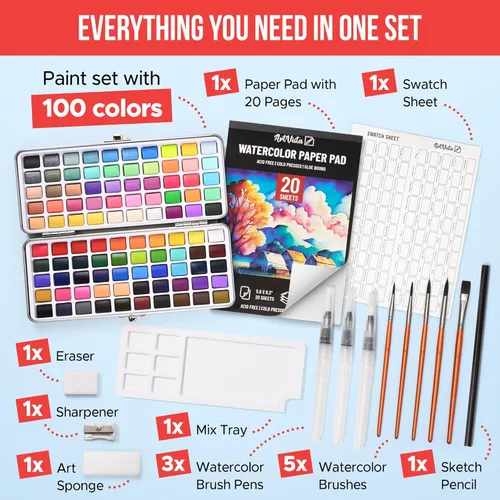 Miniatura 2 de Juego de pintura de acuarela premium con 100 colores brillantes y bloc de papel para principiantes y profesionales - Kit de pintura y suministros