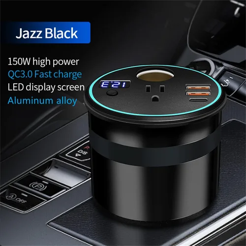 Miniatura 3 de XU Yuan - Inversor de corriente de 150 W/PP300 W para vehículos (negro) Diseño de portavasos DC12V a 110V CA Mini inversor de automóvil con doble