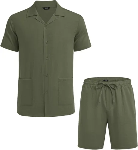 Miniatura 4 de COOFANDY Conjunto de camisa de 2 piezas para hombre, ajuste regular, manga corta, con botones, informal, para playa, pantalones cortos