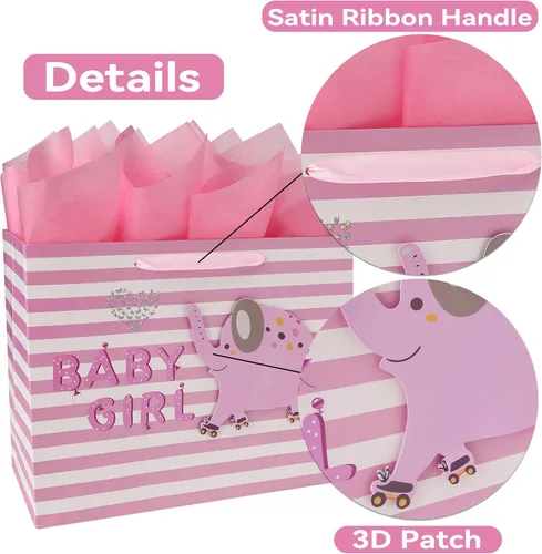 Miniatura 4 de wishinside Juego de bolsa de regalo rosa grande de 13 pulgadas con tarjeta de felicitación y papel de seda (elefante 3D) para bebé, baby shower
