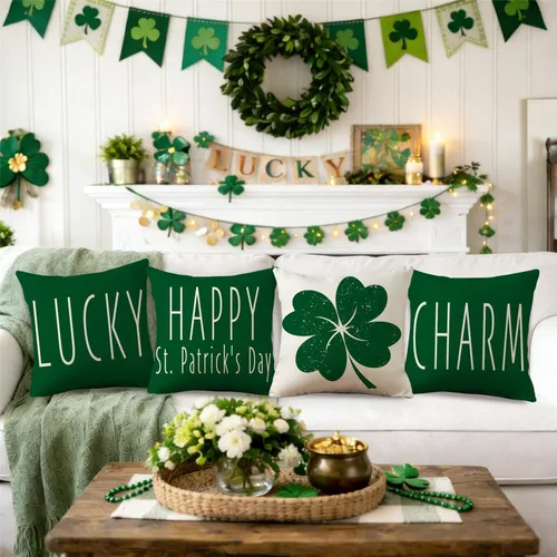 Miniatura 2 de Juego de 4 fundas de almohada del Día de San Patricio de 16 x 16 pulgadas, decoraciones del día de San Patricio, diseño de trébol de la suerte