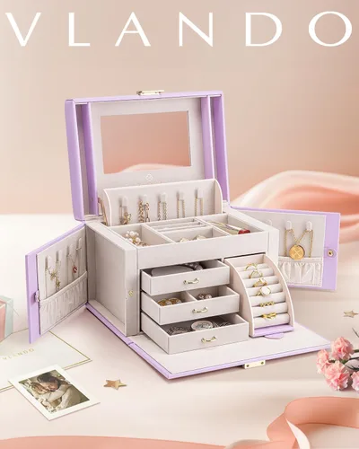 Miniatura 48 de Vlando Joyero de piel sintética, organizador mediano de joyería, regalo vintage para mujer, patrón de cruz rosa