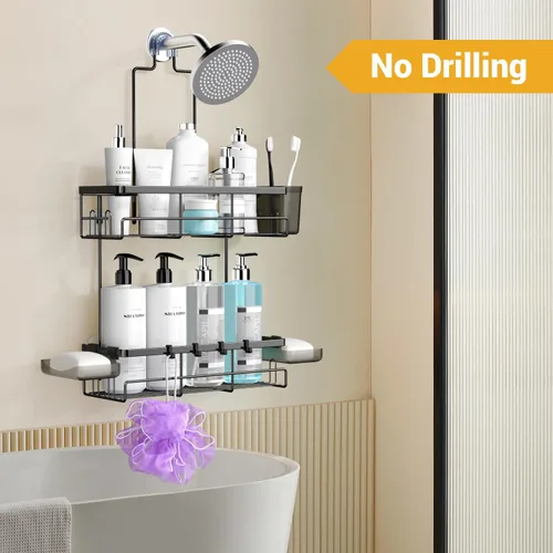 Miniatura 5 de AKTECKE Organizador de baño colgante para ducha: estante a prueba de óxido para ducha interior, sin estantes de perforación sobre el cabezal