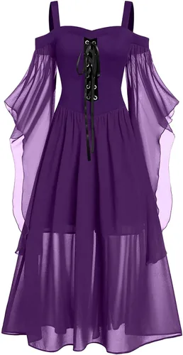 Miniatura 8 de Vestido gótico renacentista para mujer, disfraz de Halloween, hombros descubiertos, encaje y manga de trompeta, vestido medieval steampunk