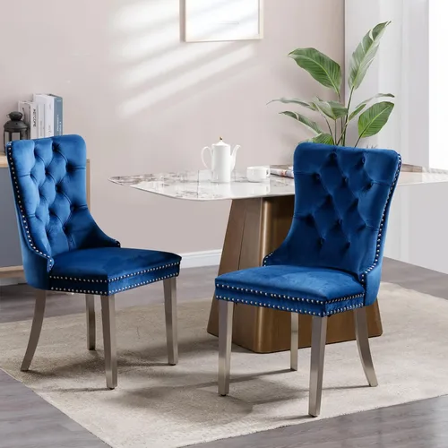 Miniatura 71 de Juego de 2 sillas de comedor tapizadas de tela de lino, sillas de cocina modernas de mediados de siglo con respaldo alto, ribete de cabeza de clavo