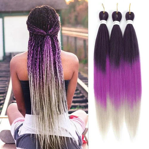 Miniatura 30 de Extensiones de cabello trenzado preestirado colorido, 3 colores, mezcla de cabello trenzado para niñas, 26 pulgadas, 3 paquetes