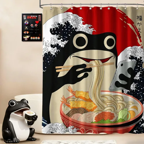 Miniatura 43 de Cortina de ducha estrecha con diseño de gato negro y animé japonés para casa rodante, juegos de decoración de baño, tela impermeable con ganchos, 36