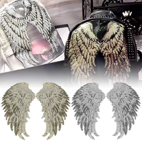 Miniatura 5 de Parche de tela de alas de ángel de lentejuelas, 4 pares de parches de lentejuelas bordados, apliques bordados para planchar para chaquetas