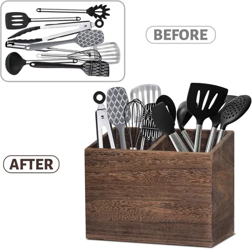 Miniatura 7 de Organizador de utensilios de cocina de madera con 2 compartimentos, soporte rústico para encimera de cocina, caja organizadora de utensilios