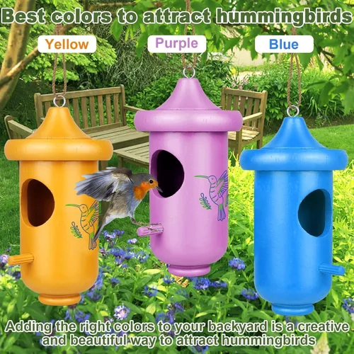 Miniatura 4 de Casa de colibrí para colgar en el exterior, ventana de jardín, nido decorativo de madera para colibríes, paquete de 3 unidades, azul, amarillo