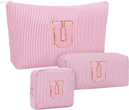 Miniatura 74 de Juego de bolsas de maquillaje con iniciales para niñas y mujeres, bolsa de cosméticos con monograma con soporte para cepillos, estuche de maquillaje