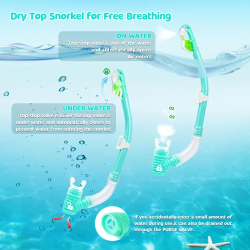 Miniatura 2 de Snorkel seco para niños, tubo de esnórquel definitivo para esnórquel, apnea y natación, tecnología de respiración fácil, válvula seca montada