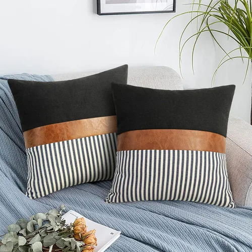 Miniatura 9 de Cygnus - Juego de 2 fundas de almohada de 16 x 16 pulgadas hechas de lino y de la unión de distintas telas con diseño de rayas para decoración Negro