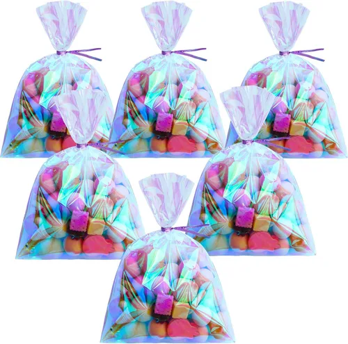 Shappy 120 bolsas de celofán iridiscentes, pequeñas bolsas holográficas con lazos giratorios, envoltura de regalo iridiscente para boda, cumpleaños,