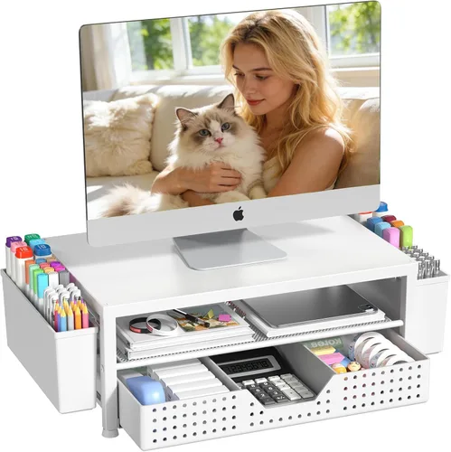 Miniatura 18 de OPNICE - Organizadores y accesorios de escritorio, con soporte de monitor de computadora de 2 niveles, cajón y 2 soportes para bolígrafos, Roble
