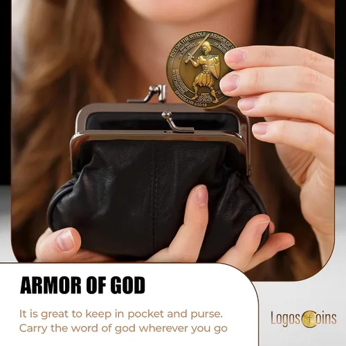 Miniatura 7 de 1 moneda de desafío de armadura de Dios, versículo bíblico de Efesios 6:10, moneda de desafío cristiano chapada en oro antiguo de 1.75 pulgadas