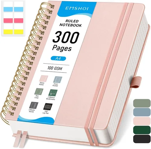 Miniatura 10 de EMSHOI Cuaderno de Espiral con Puntos para Bullet Journal - 300 Páginas, Cuero de Tapa Dura A4, Cuaderno de Cuadrícula de Puntos Gruesos de 100 GSM