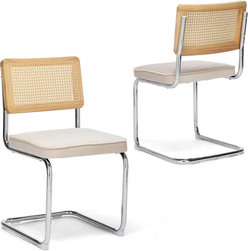 Upholstered Velvet Dining Chairs Set of 2, Mid Century Modern Armless Upholstered Dining Chair with Rattan Back Stainless Chrome Frame for Dining