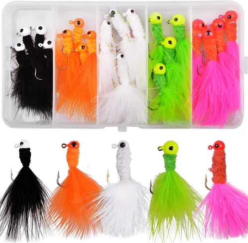 Miniatura 8 de Crappie Jigs Marabou - Señuelo de pesca con plumas de marabú, gancho para pesca de lubina, anzuelo, trucha, lucioperca, panfish 1/8 onzas, 1/16