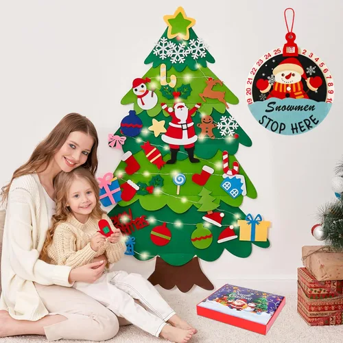 Onekka Árbol de Navidad de fieltro para niños pequeños con 32 adornos desmontables + calendario de Adviento de muñeco de nieve, 3.2 pies, mi primer