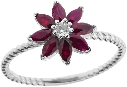 Flower Collection Elegante anillo de promesa de oro blanco de 14 k con diamantes de margarita con pétalos de rubí