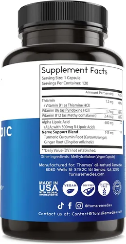 Miniatura 4 de Thomas' all-natural Remedies Ácido alfa lipoico 600 mg, 120 cápsulas con vitaminas B, vegano, sin rellenos