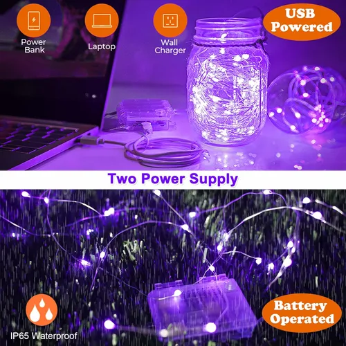 Miniatura 2 de Luces LED negras UV a pilas, 33 pies, 100 unidades, 2835 luces LED UV, 8 modos, accesorios de luz negra flexibles, luces de hadas con control remoto