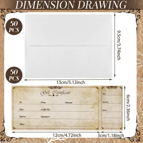 Miniatura 2 de Sinmoe 50 juegos de certificados de regalo para negocios con 50 sobres en blanco, tarjetas de certificado de regalo con nombre y dirección rústicas