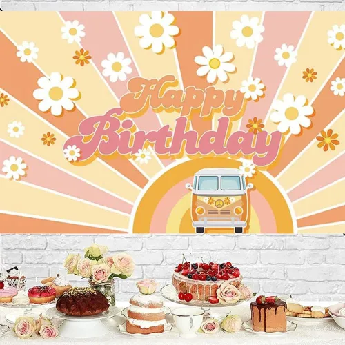 Miniatura 2 de Pancarta de cumpleaños hippie retro Groovy Boho Daisy Bus Daisy Flower Boho Party Fotografía telón de fondo Groovy Hippie Theme Happy Birthday Party