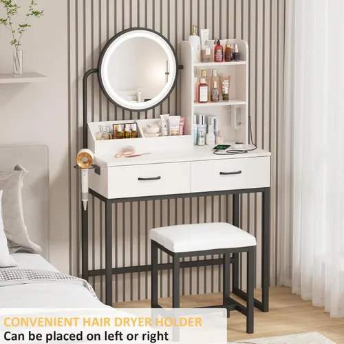 Miniatura 3 de Vabches Tocador de maquillaje con espejo redondo y luces, mesa de maquillaje blanca con estación de carga, mesa de tocador pequeña para dormitorio