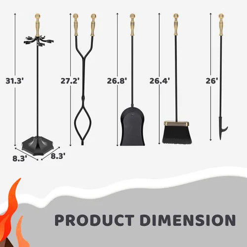 Miniatura 5 de Juego de 5 herramientas para chimenea de 31 pulgadas, herramientas de hierro forjado con mango ergonómico, juego de accesorios para chimenea incluye