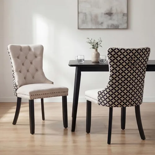 Miniatura 65 de OVENTA Juego de 4 sillas de comedor modernas tapizadas copetudas, terciopelo negro y gris y cuero con patas de madera maciza, sillas de cocina