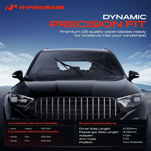 Miniatura 2 de A-Premium Limpiaparabrisas de 24 y 19 pulgadas compatible con Honda CR-V 2023-2024, Civic 2022-2024 y Acura Integra 2023-2024 -TLPN conector