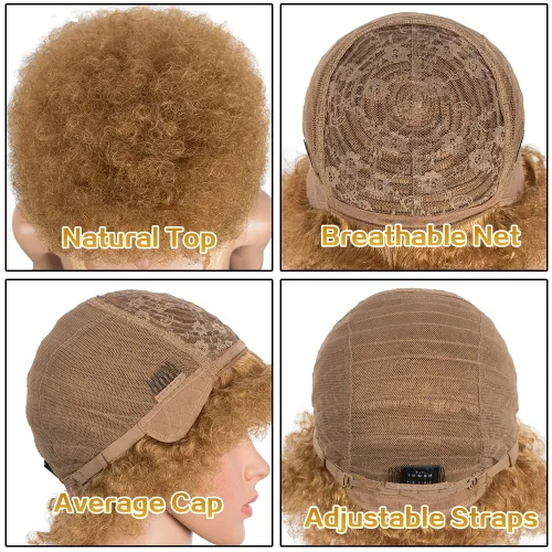 Miniatura 6 de Joedir HAIR - Pelucas cortas de cabello humano afro para mujeres negras, rubio miel, peluca afro crule, suave y flexible, sin pegamento, densidad 27