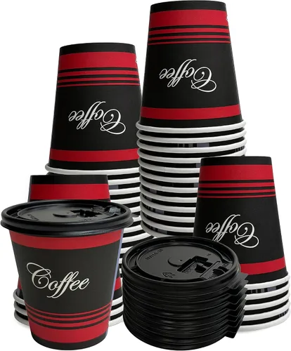 EcoQuality Tazas de café de papel desechables de 12 onzas con tapas planas negras, vasos de papel reciclables para bebidas calientes/frías con tapas