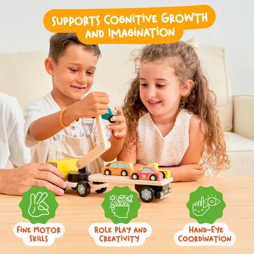 Miniatura 6 de Nene Toys Cargador magnético para automóvil con 4 autos y 1 camión de madera semirremolque para niños de 2 años en adelante, juguete interactivo